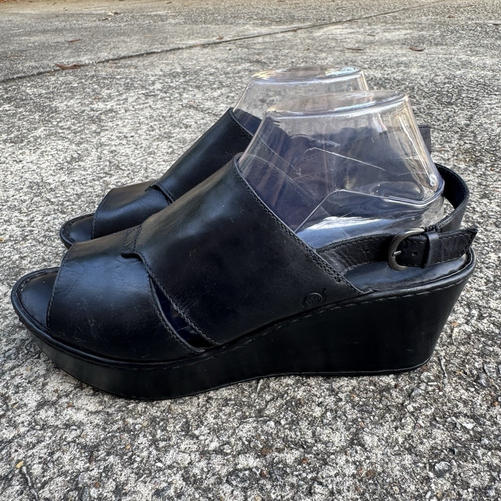 BORN Emmy Platform 4" Wedge‎ Cross Strap Women's Sz 11 M Black Leather Sandals - Picture 4 of 12
